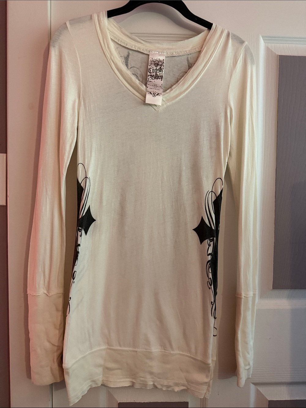 Crash & Burn Cream Long-Sleeve V-Neck Top with Stud Detail on back & Side Design